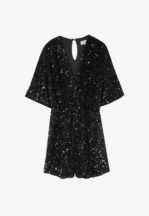 Combinaison courte noire ornée de sequins, avec un décolleté en V, des manches courtes volantes, un dos ouvert avec une fermeture à bouton, et une taille élastique.