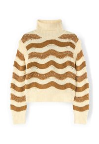 Sweter w kremowo-brązowe paski z wysokim kołnierzem, z falistym wzorem i krojem cropped. Miękka dzianina z prążkowanymi akcentami.