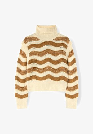 Cream and brown striped sweater with a high neck, featuring a wavy pattern and a cropped design. Soft knit texture with ribbed accents.