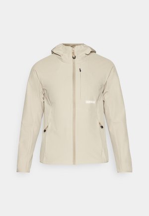 Bežová bunda s priliehavým strihom, predným zipsom, nastaviteľnou kapucňou a dvoma bočnými vreckami, s čiernym hardvérom a logom.