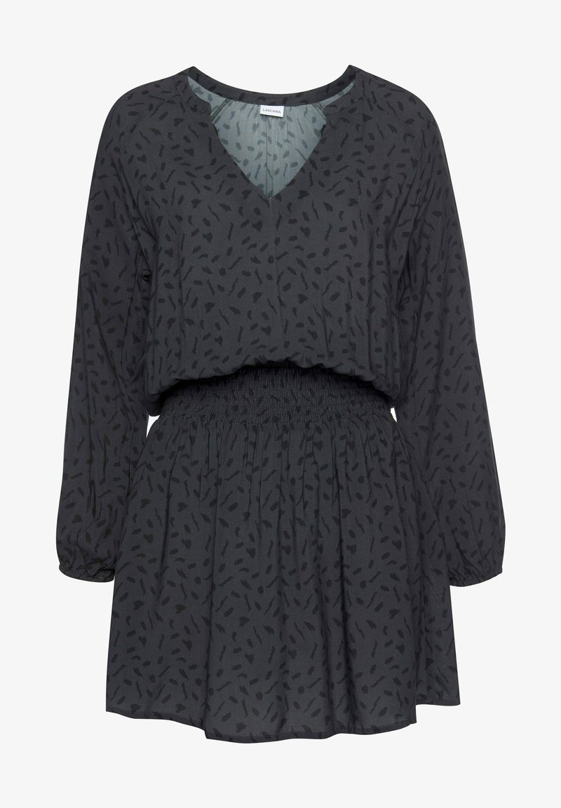 Robe gris foncé à manches longues avec imprimé abstrait noir dispersé, encolure en V, taille élastique et jupe froncée.
