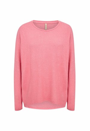 Maglione rosa a maniche lunghe con scollo a girocollo, orlo leggermente curvo e tessuto morbido e leggero.