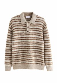 Strickpullover mit Polokragen, in einem hellbeigen Grundton und braunem geometrischen Muster. Drei braune Knöpfe am Kragen. Weiche Textur.