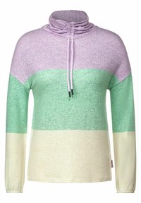 Maglione con colletto alto, realizzato in un morbido tessuto a righe orizzontali viola, verde e crema. Presenta coulisse regolabili per l'apertura del collo.