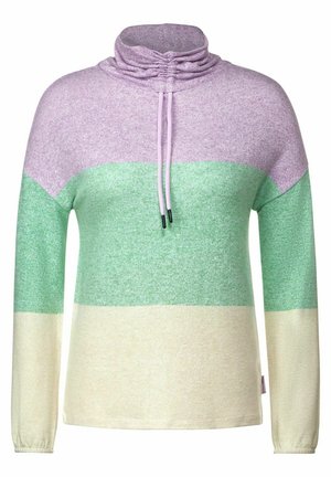 Pull à col montant, en tissu doux, avec des rayures horizontales violettes, vertes et crème. Dispose de cordons ajustables pour l'ouverture du cou.