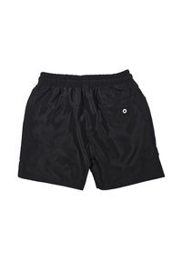 Pantaloni corti neri con elastico in vita, tasca posteriore con bottone e superficie liscia. Senza motivi visibili o accenti aggiuntivi.
