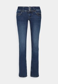 Mörkblå denimjeans med rak bendesign, som har två framfickor, gyllene sömmar och stängning med två knappar i midjan.