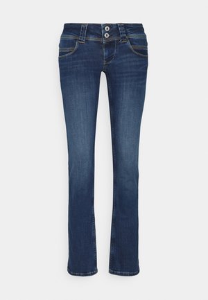 Tummansiniset farkut suoranlahkeisella muotoilulla, joissa on kaksi etutaskua, kultalankaa ja kaksinappisuljenta vyötäröllä.