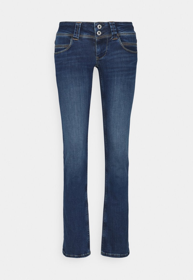 Mörkblå denimjeans med rak bendesign, som har två framfickor, gyllene sömmar och stängning med två knappar i midjan.