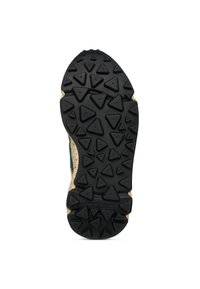 Gummisko med en svart friktionsmönster som har flera triangulära sulor; ljusbeige kantdetaljer synliga runt basen.