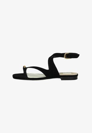 Black suede sandal with a flat sole, featuring a toe loop, crisscross straps, and an adjustable ankle strap with a gold buckle detail.