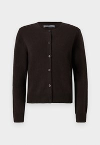 Mørkebrun cardigan med rund hals, lange ermer og knappestolpe foran. Myk tekstur og enkel design, med fem knapper.