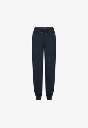 Mornarsko modri jogger hlače iz mehkega blaga, z elastičnim pasom in vrvico, manšetami pri gležnjih ter majhnim logotipom.