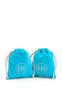 Due sacche a soffietto turchesi realizzate in tessuto morbido, con testo ricamato in bianco "Elli by Julie & Grace" in un design circolare.