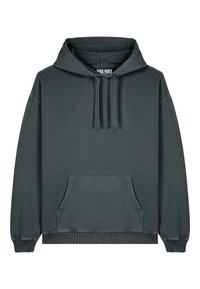 Felpa con cappuccio grigia scura, con tasca a canguro frontale, cappuccio con lacci e polsini e orlo a costine, posata su uno sfondo bianco.