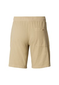 Shorts kaki avec une ceinture élastique, une poche arrière à fermeture par bouton, et un tissu doux et texturé. Longueur mi-cuisse.