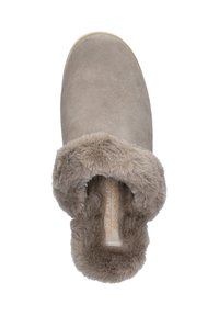 Grijze suède pantoffels met een zachte, faux fur voering en omgevouwen manchet, met een gestructureerd oppervlak en een iconisch logo dat op de binnenzool is gedrukt.