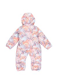 Padded kombinezon dla dzieci w pastelowych kolorach, z wzorami gór i tęczy, kapturem, elastycznymi mankietami i zapięciem na zamek błyskawiczny z przodu.
