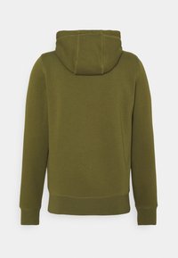 Olive green long-sleeve hoodie with stitched hood and ribbed cuffs, shown from the back against a plain white background.
