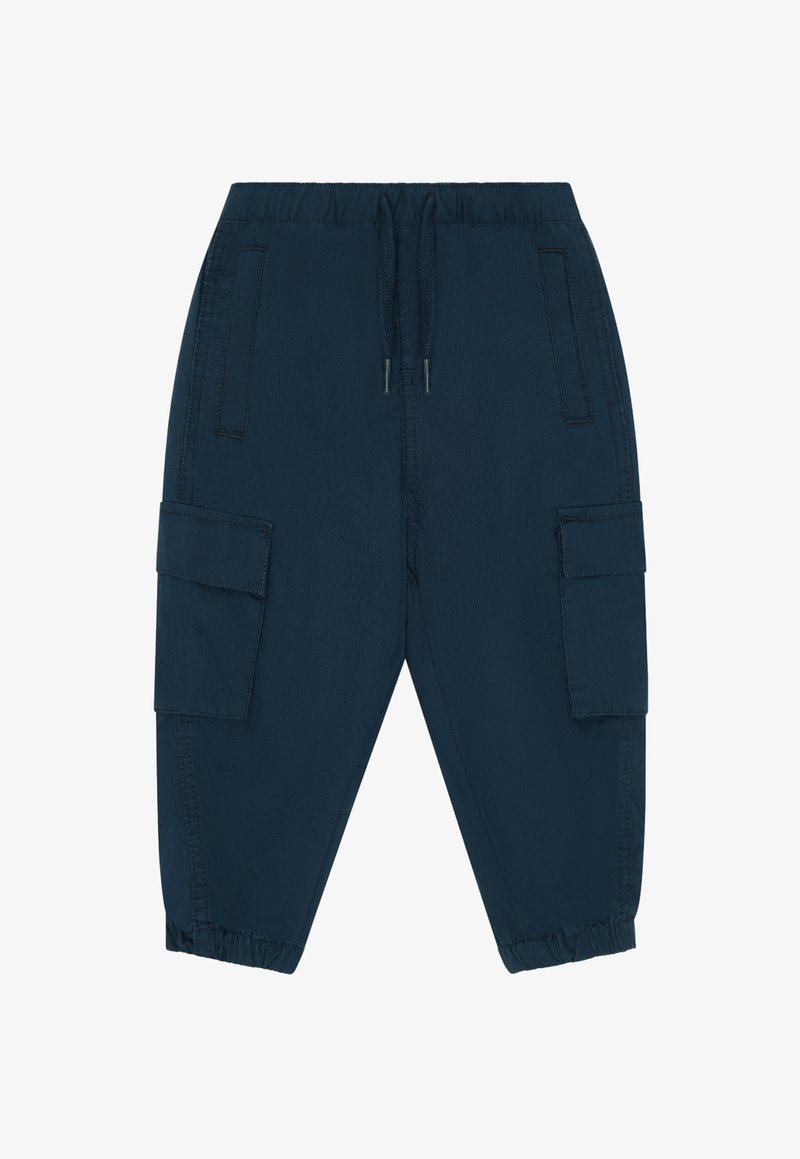 Pantalon cargo bleu marine avec taille élastique, cordon de serrage, poches à rabat latérales, poches fendues à l'avant et poignets élastiqués aux chevilles.