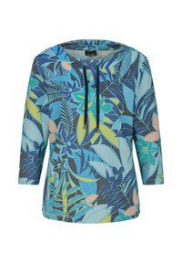 Blau-gelbes, langärmeliges Hemd mit Blumenmuster, Rundhalsausschnitt und dunkelblauen Kordelzügen.