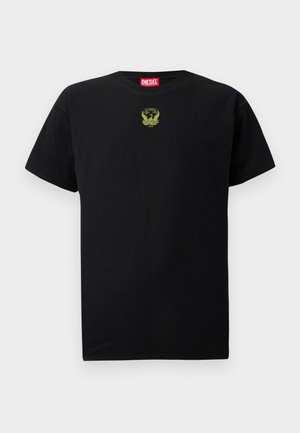 T-shirt en coton noir à manches courtes, avec un petit logo vert brodé sur la poitrine et un col rond.