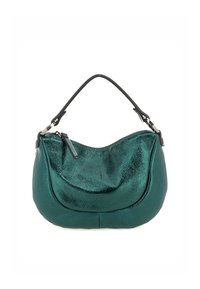 Borsa a mano metallic teal con forma curve, manico superiore e chiusura a zip. Texture liscia con leggera lucentezza e accentuazione in pelle nera.