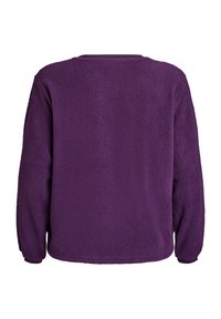 Fialový fleecový pulóver s mäkkým, textúrovaným povrchom, klasickým okrúhlym výstrihom a dlhými rukávmi. Bezšvový dizajn chrbta, žiadne viditeľné kovanie alebo akcenty.