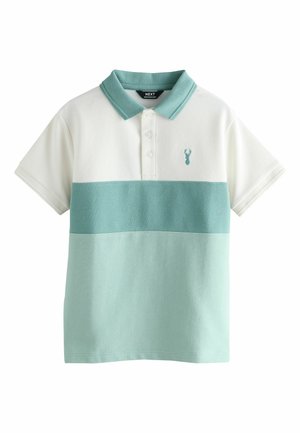 Kortærmet polo skjorte i hvid og lys teal, med et struktureret vandret stribemønster og et lille broderet hummerlogo.