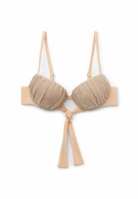 Beige bikiniöverdel med vadderade, rynkade kupor och tunna remmar. Har en nyckelhålsdesign och en knytbåge i mitten fram. Texturerad skimrande yta.
