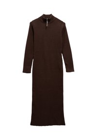 Abito a maglia marrone a coste con maniche lunghe e colletto alto; presenta una mezza cerniera al collo e arriva fino alle caviglie.