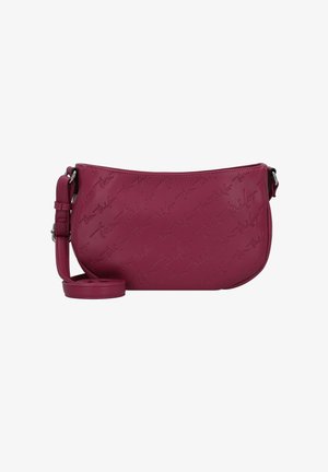 Roze leren crossbody tas met reliëf merklogo, gladde textuur, verstelbare schouderriem en compact, rond ontwerp.