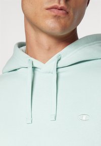 Felpa leggera verde menta con cordino, realizzata in materiale morbido, con un piccolo logo bianco sul petto e un cappuccio foderato.
