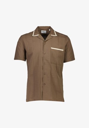 Kurzärmliges braunes Hemd aus strukturiertem Stoff mit vertikalen Streifen, cremefarbenen Akzenten am Kragen und an der Tasche sowie einer Knopfleiste auf der Vorderseite.