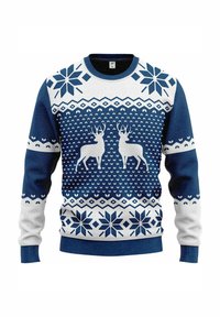 Strickpullover mit blau-weißen Mustern, darunter zwei Rehe und Schneeflocken. Rippenbündchen und Saum sowie ein runder Halsausschnitt.
