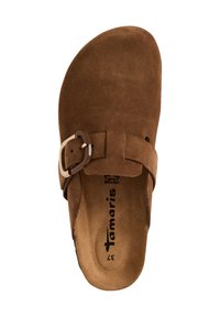 Brown suede slide sandal featuring a wide strap with adjustable buckle, cushioned insole, and smooth interior surface.