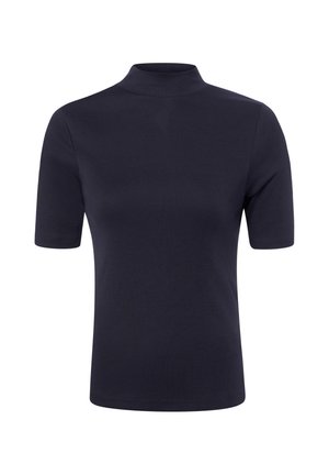 Short-sleeve black t-shirt with a mock neck, plain design, and no visible logos or patterns.