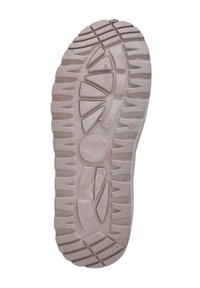 Suela de un zapato con un diseño texturizado, que presenta un color beige claro, surcos profundos y varias formas para mejorar la tracción.