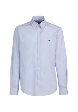 Lyseblå stribet skjorte med knapper, lange ærmer, knappet krave og en lille marineblå logo på brystet. Bomuldsblandet stof.