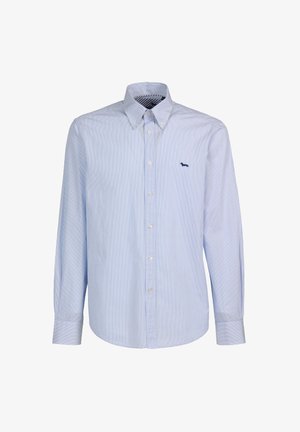 Helles blau gestreiftes Hemd mit Knöpfen, langen Ärmeln, Button-Down-Kragen und einem kleinen marineblauen Logo-Akzent auf der Brust. Baumwollmischgewebe.