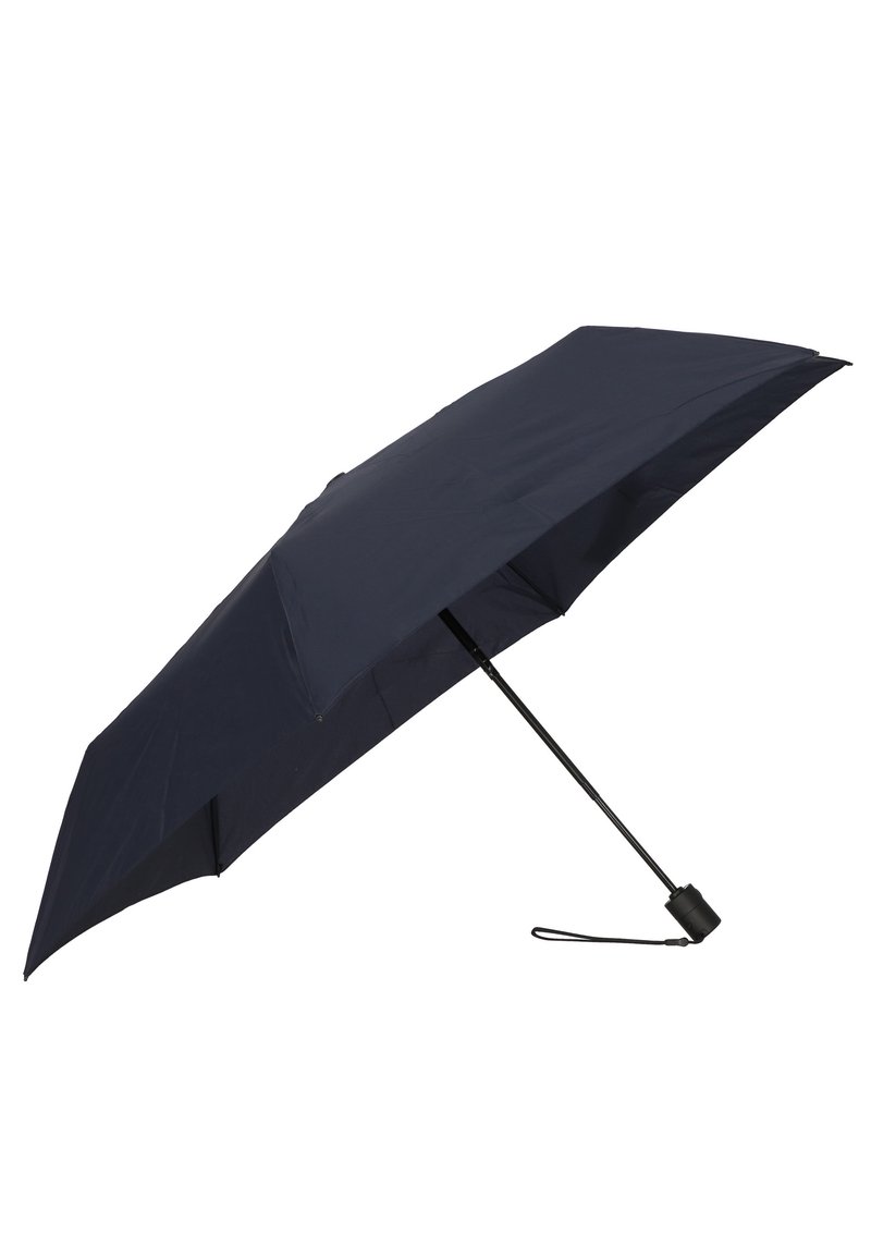Navy blue folding umbrella with a smooth fabric canopy, metal ribbing, and a black plastic handle. Features a wrist strap for easy carrying.
