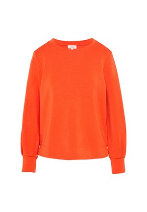 Helles oranges Sweatshirt mit rundem Ausschnitt, langen Ärmeln und gerippten Bündchen. Glatte Textur mit lässiger Passform, ohne Muster oder Akzente.
