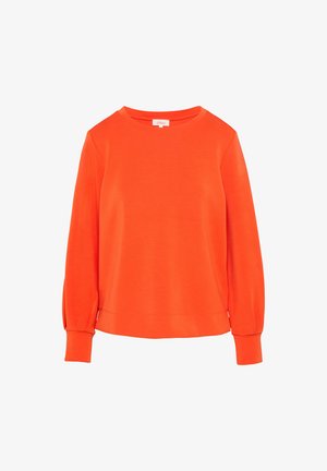 Helles oranges Sweatshirt mit rundem Ausschnitt, langen Ärmeln und gerippten Bündchen. Glatte Textur mit lässiger Passform, ohne Muster oder Akzente.