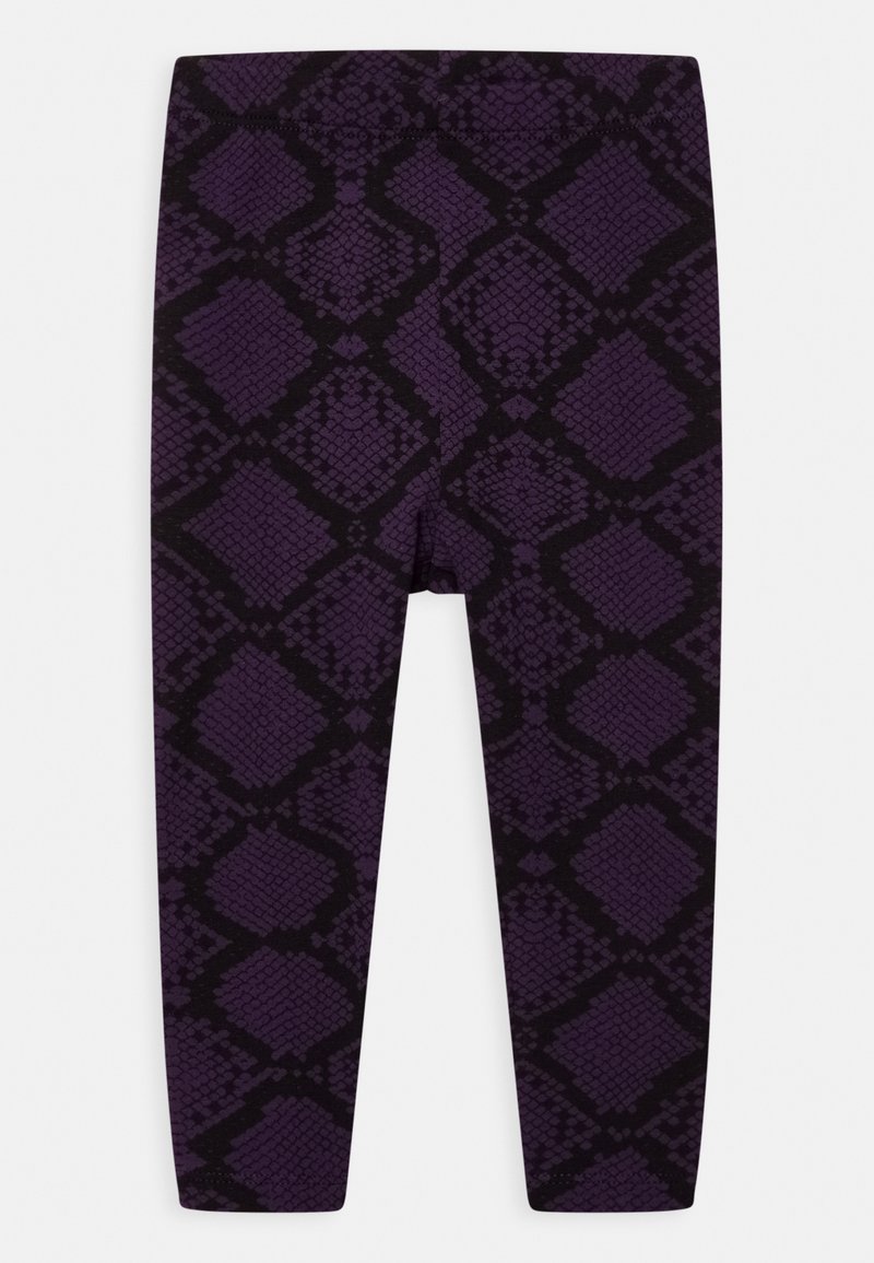 Leggings roxos com um padrão de cobra preta, apresentando uma textura suave e um design ajustado. Ideais para roupa de desporto ou vestuário casual.