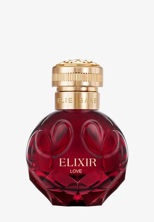 Rund dyb rød parfume flaske med gyldt dekorativt låg, prægede mønstre og mærkningen "ELIXIR LOVE" og "ELIE SAAB" på glas og låg.