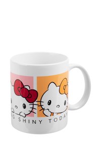 Tazza in ceramica con due gattini cartoon con fiocchi, uno rosso su sfondo rosa e uno arancione su sfondo giallo. Il testo dice "RESTARE BRILLANTE OGGI."