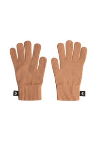 Guantes de lana marrones con un puño acanalado. Cuenta con cinco dedos y una etiqueta con un logo. Textura suave y diseño ajustado.
