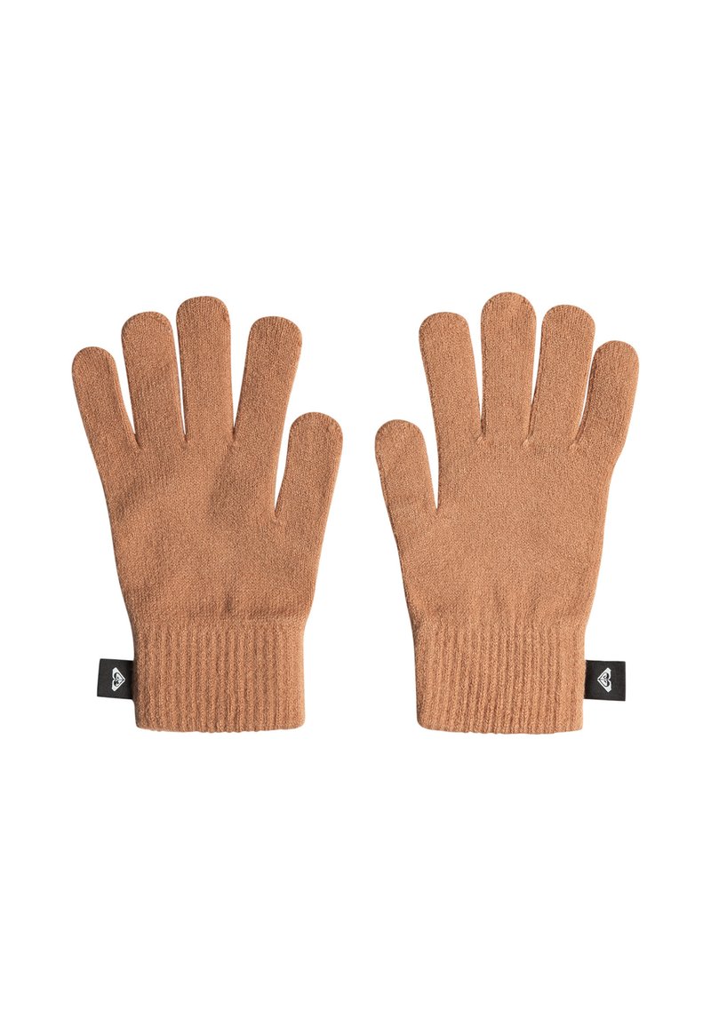 Guantes de lana marrones con un puño acanalado. Cuenta con cinco dedos y una etiqueta con un logo. Textura suave y diseño ajustado.