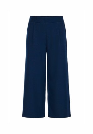 Pantaloni larghi blu navy con vita elastica, dotati di due pieghe frontali e una finitura in tessuto leggero e morbido.