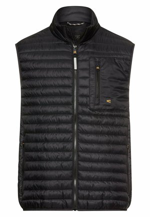 Schwarze, gesteppte, ärmellose Steppweste mit Frontreißverschluss, Reißverschlusstasche auf der Brust und Stehkragen, mit kleinen orangefarbenen Logoaufnähern.